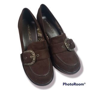 Vintage 90s Brown Faux Suede Rubber Tan Wedge Buckled Loafer sz 7.5